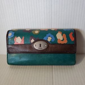 Fossil Maddox Leather Brown Teal Women's Floral Wallet